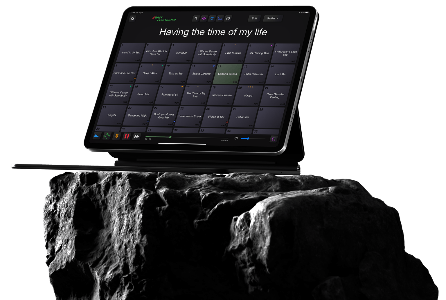 EasyPerformer app on an iPad with audio, video and lyrics pads in a setlist
